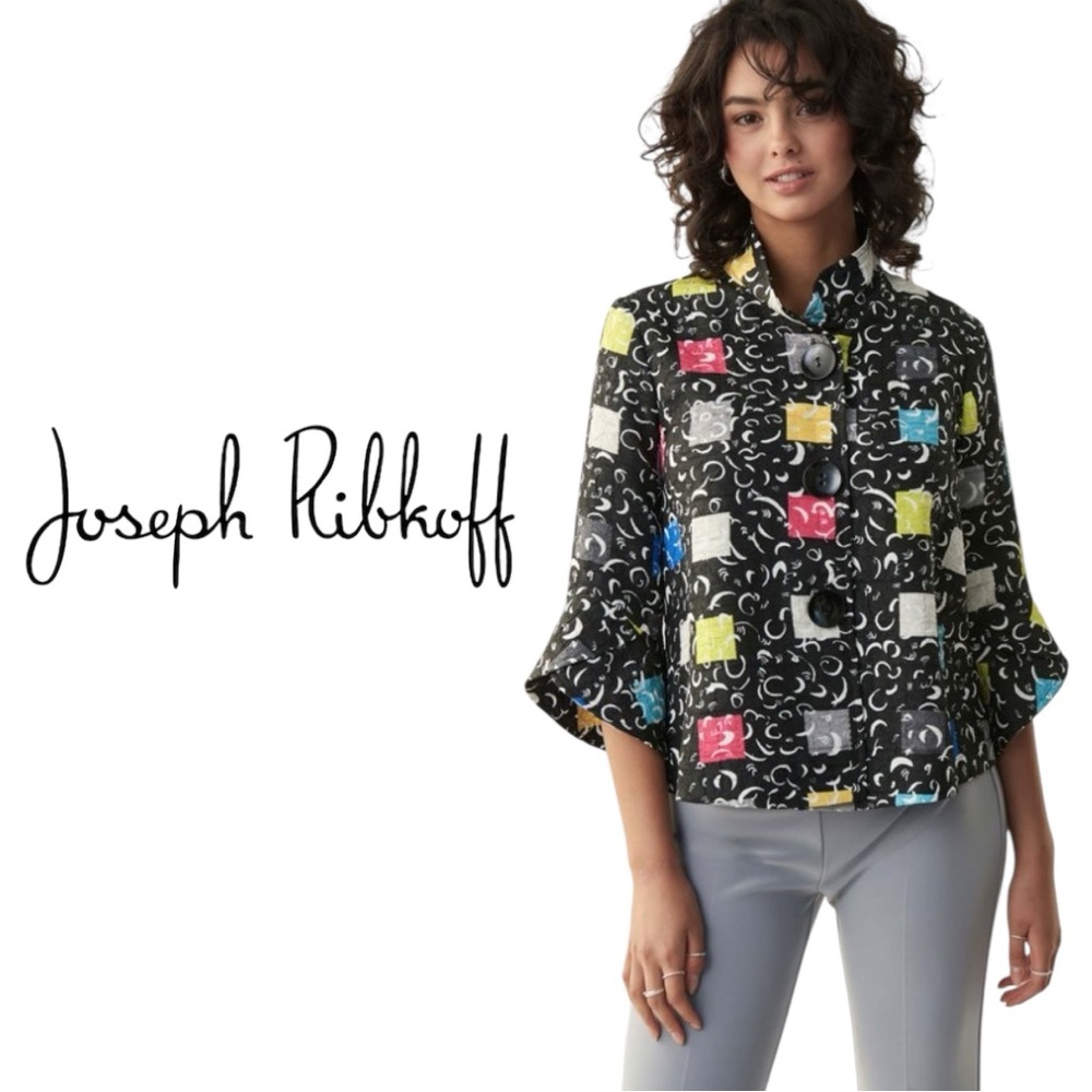 Joseph Ribkoff Abstract Jacket Size 8 Textured Button Front Cropped Blazer - Picture 4 of 8